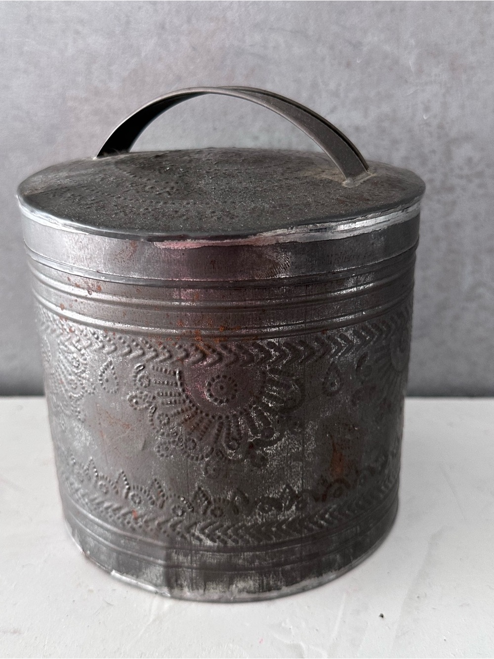 Antique Primitive 19th Century Hand Punched Tin Canister | American Folk Art
